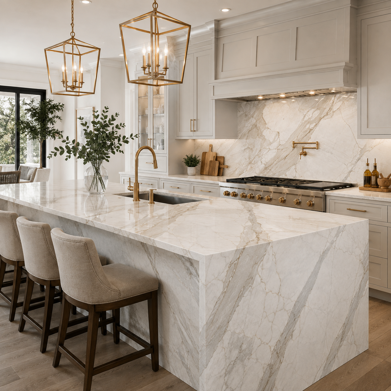 Calacatta Gold marble waterfall island and full-height backsplash in a white kitchen with brass fixtures