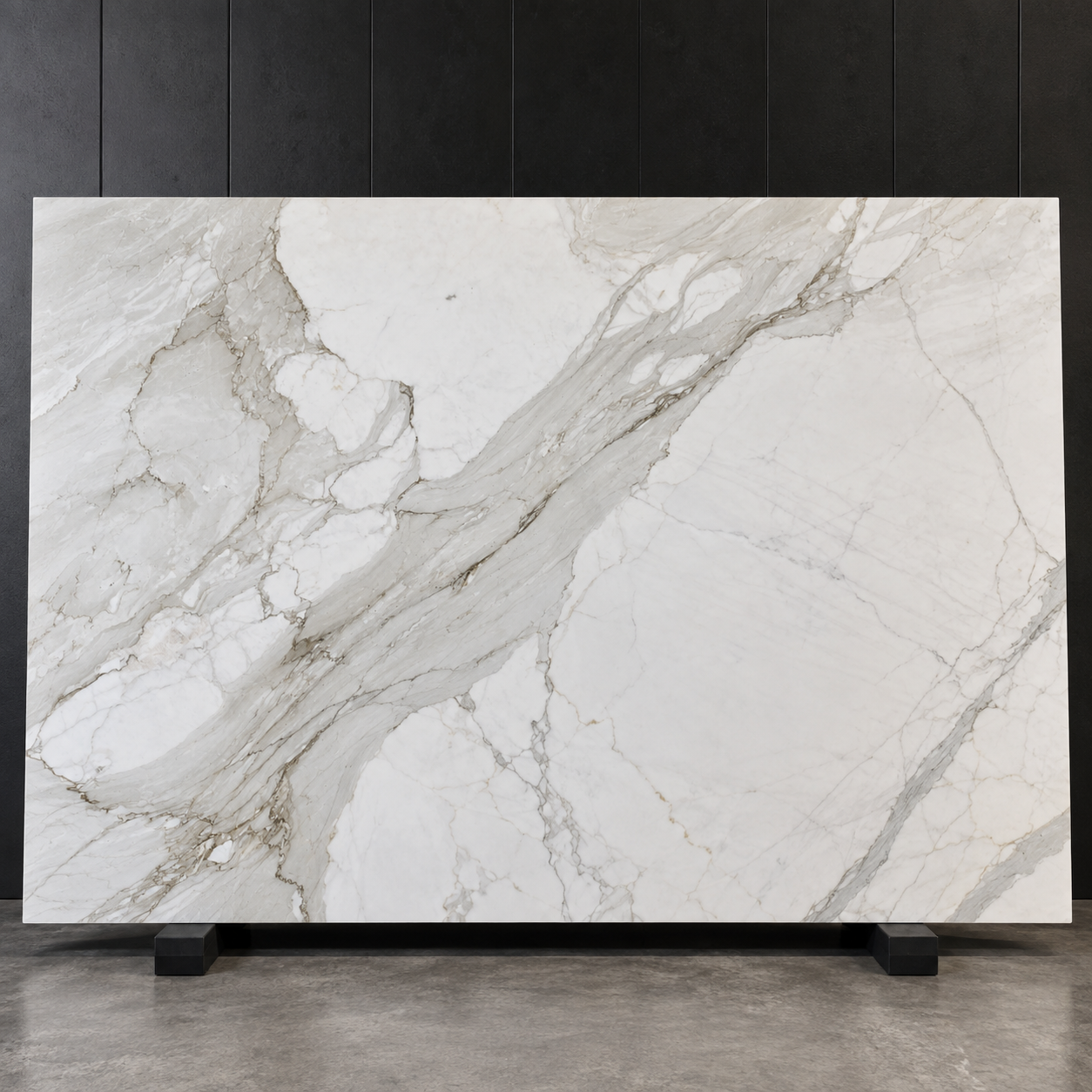 Calacatta Gold marble slab with white background, wide grey veins and golden accents on a black display stand
