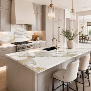 Calacatta Gold marble island and full height backsplash in a kitchen with greige cabinets and brass fixtures