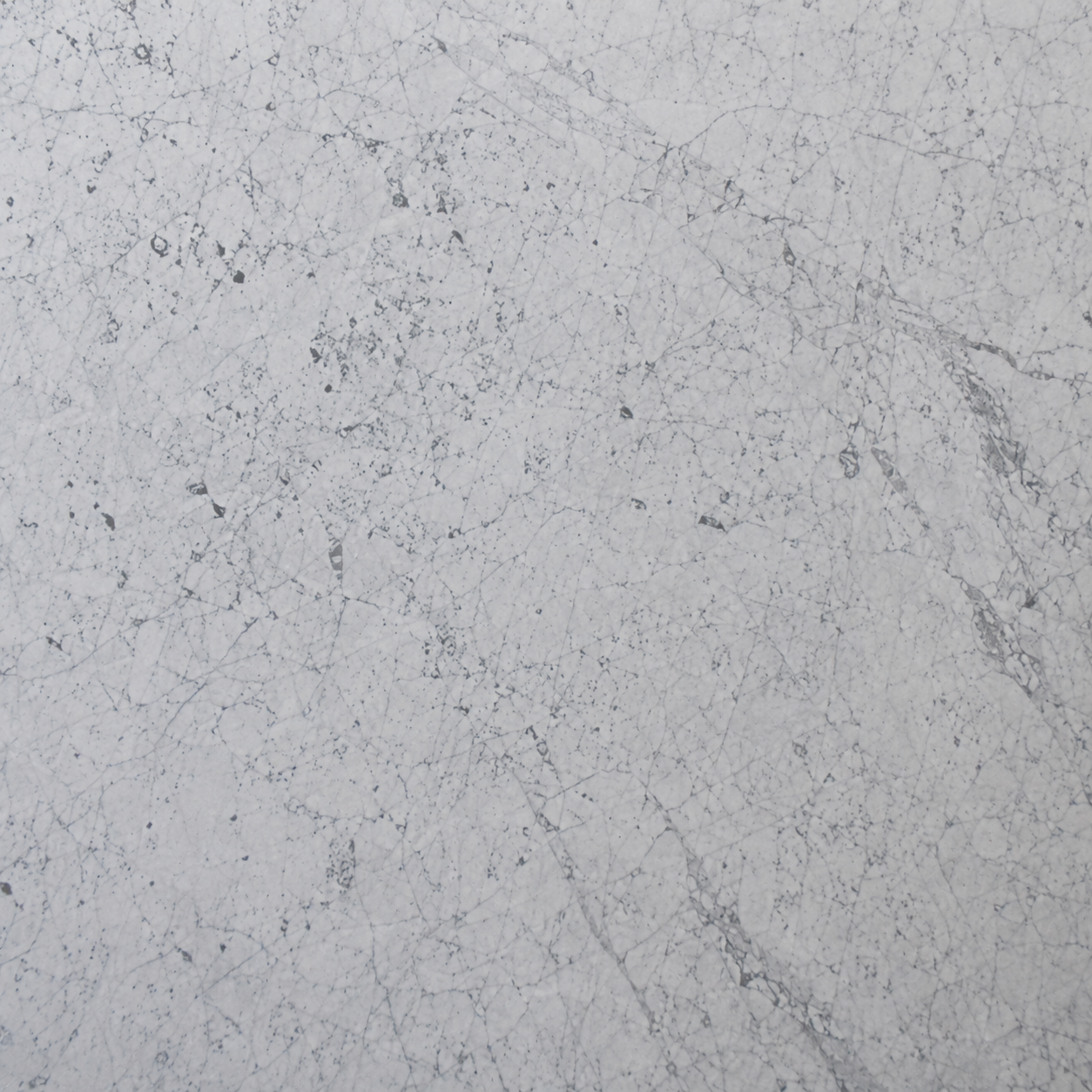 Polished Carrara marble slab with cool white background and fine grey veining on a black display stand