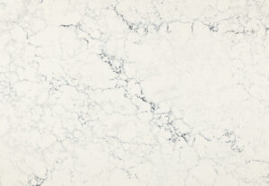 Cambria Sutherland quartz with dense web-like gray veining on a bright white background