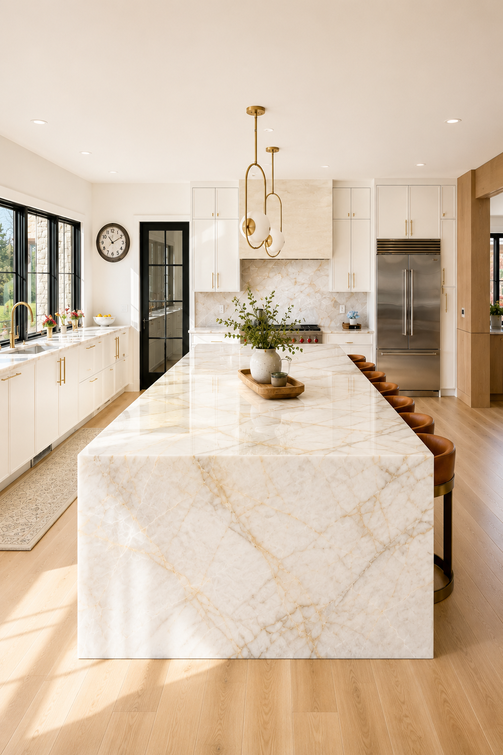 Cristallo quartzite waterfall kitchen island with luminous white stone and gold veining in a bright modern Northern Virginia kitchen with white cabinetry and brass fixtures