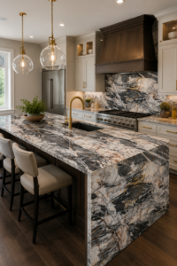 Midnight Crystal quartzite waterfall kitchen island and full-height backsplash with charcoal and white crystalline veining and amber threads, cream cabinetry and brass fixtures in a Northern Virginia home