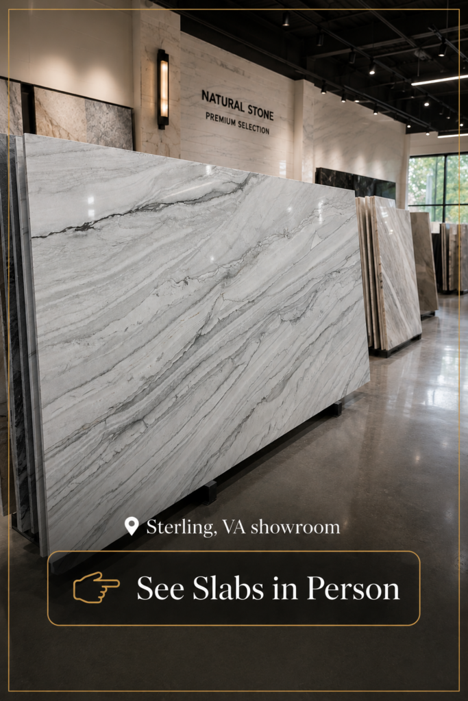 Full quartzite slabs with gray and white veining displayed on racks at the Sky Marble and Granite natural stone showroom in Sterling, Virginia
