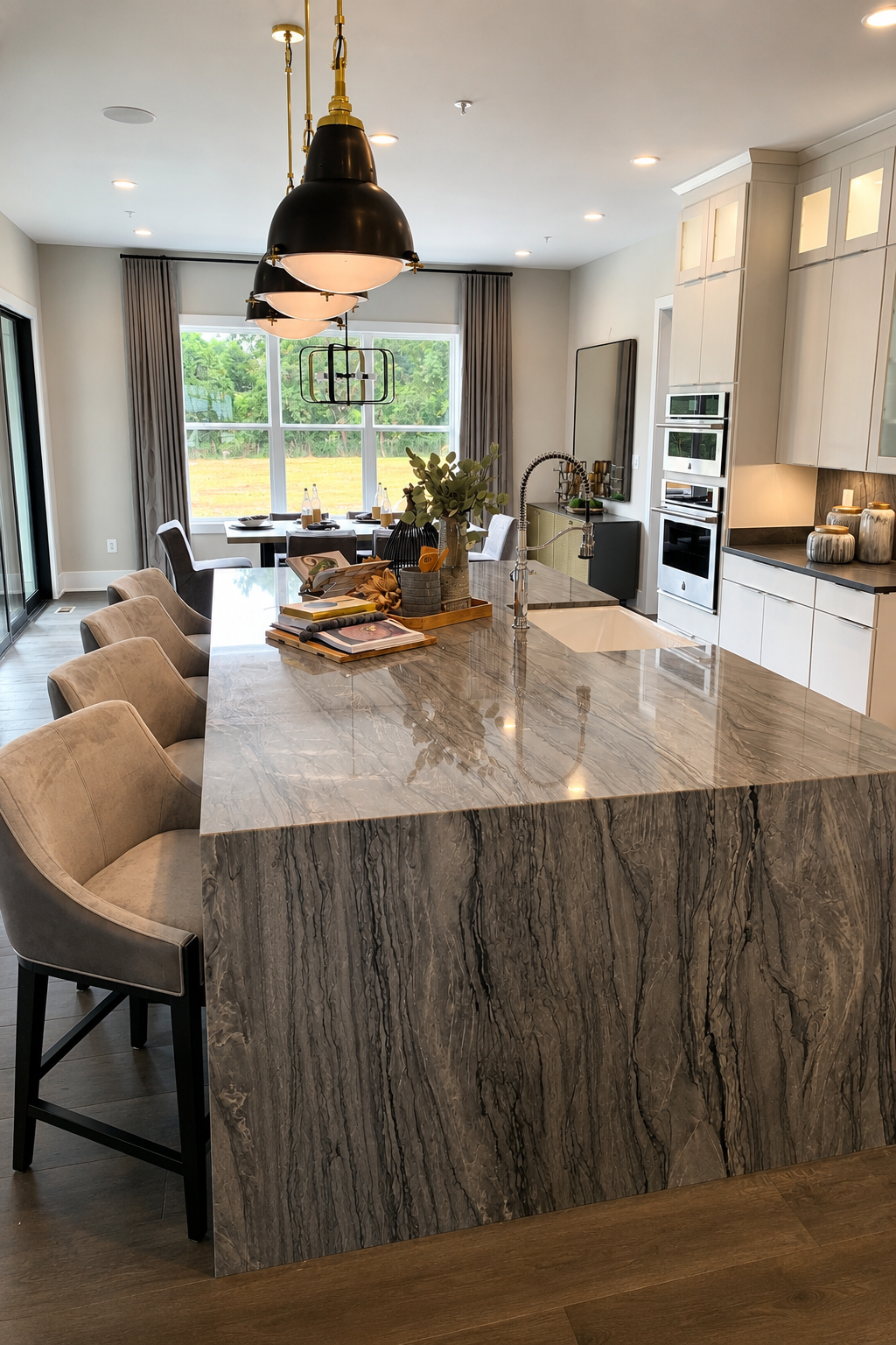 Smoky quartzite waterfall kitchen island with gray stone and black veining in a modern Northern Virginia home with white cabinetry and black pendant lights