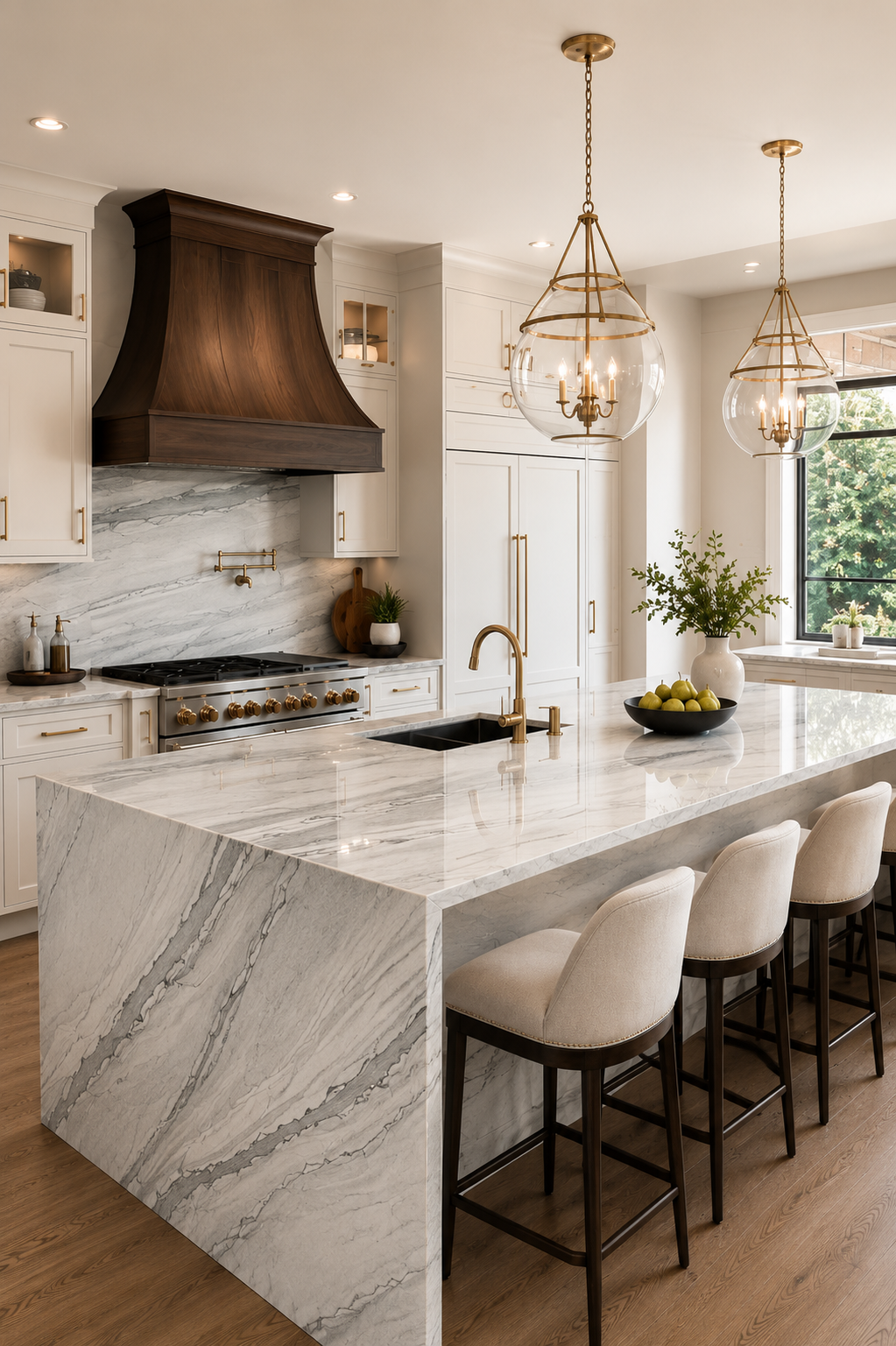 Statuario quartzite countertops and full-height backsplash with bright white stone and bold grey veining in a classic Northern Virginia kitchen with cream cabinetry and wood island