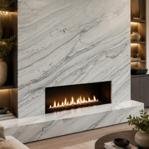 Statuario Quartzite countertops fireplace surround installation in a Virginia home