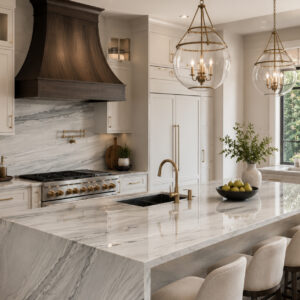 Statuario Quartzite countertops and backsplash in a Virginia kitchen with brass pendant lighting