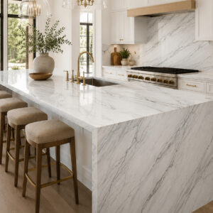 Statuario Quartzite kitchen island and backsplash with waterfall edge in a Virginia home
