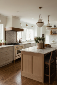 Taj Mahal quartzite countertops with warm white and grayish-brown veining in a traditional Northern Virginia kitchen with white oak island, cream cabinetry, and brass hardware
