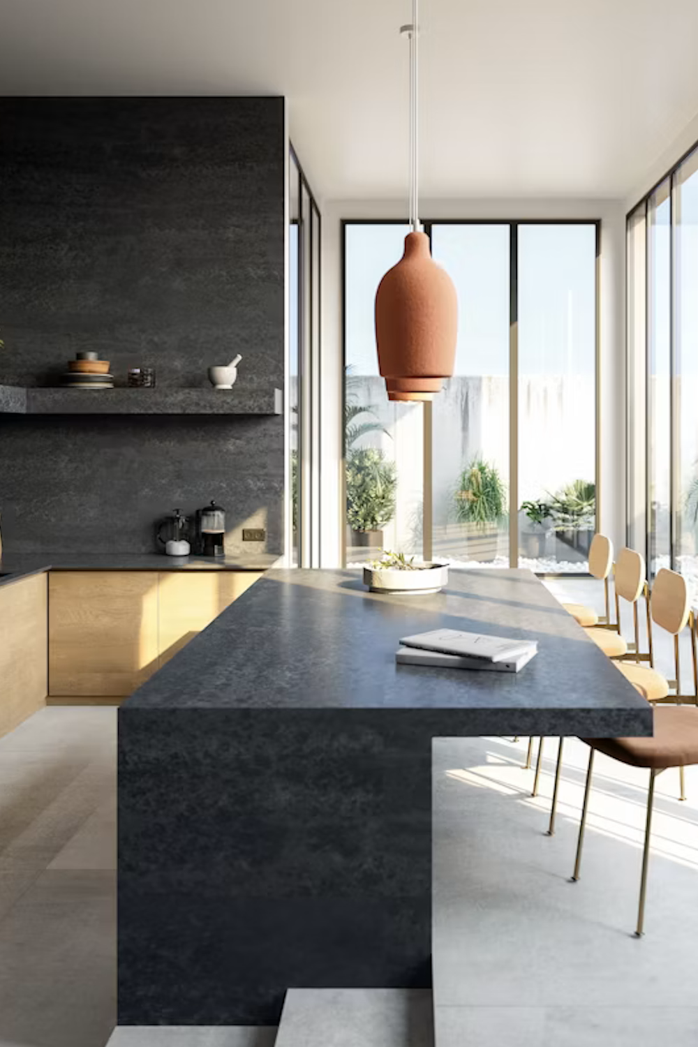 Raw D Silestone near-black quartz island and full wall cladding in a modern kitchen with oak cabinetry