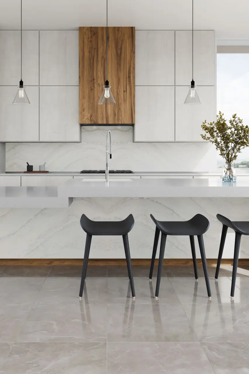 Everleigh Cambria quartz island and full-height backsplash in a minimalist white and wood kitchen