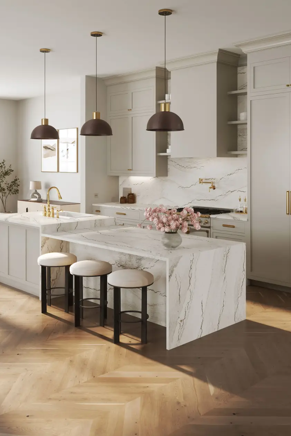 Inverness Blakeley Cambria quartz waterfall island and backsplash in a soft neutral kitchen with herringbone floors