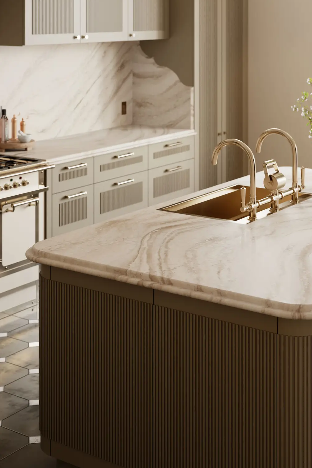 Everleigh Warm Cambria quartz countertop with golden veining, fluted cabinetry and a brass sink