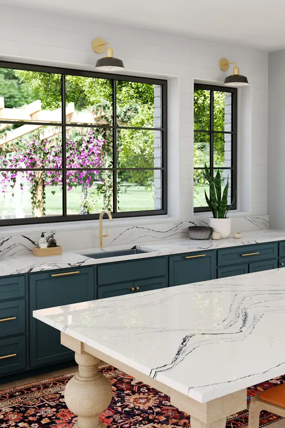 Portrush Cambria quartz counters with bold black veining above teal cabinets and black steel windows