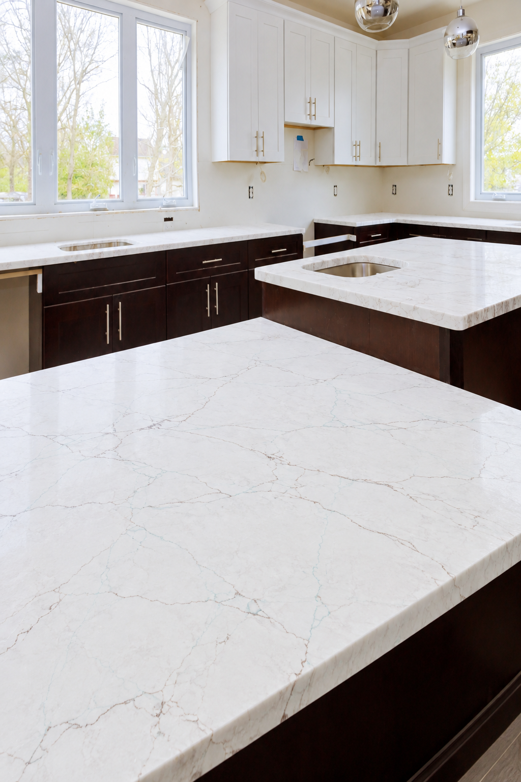 Bright White Calacatta Miraglio Seaglass Quartz Kitchen Renovation WIP with dark cabinets