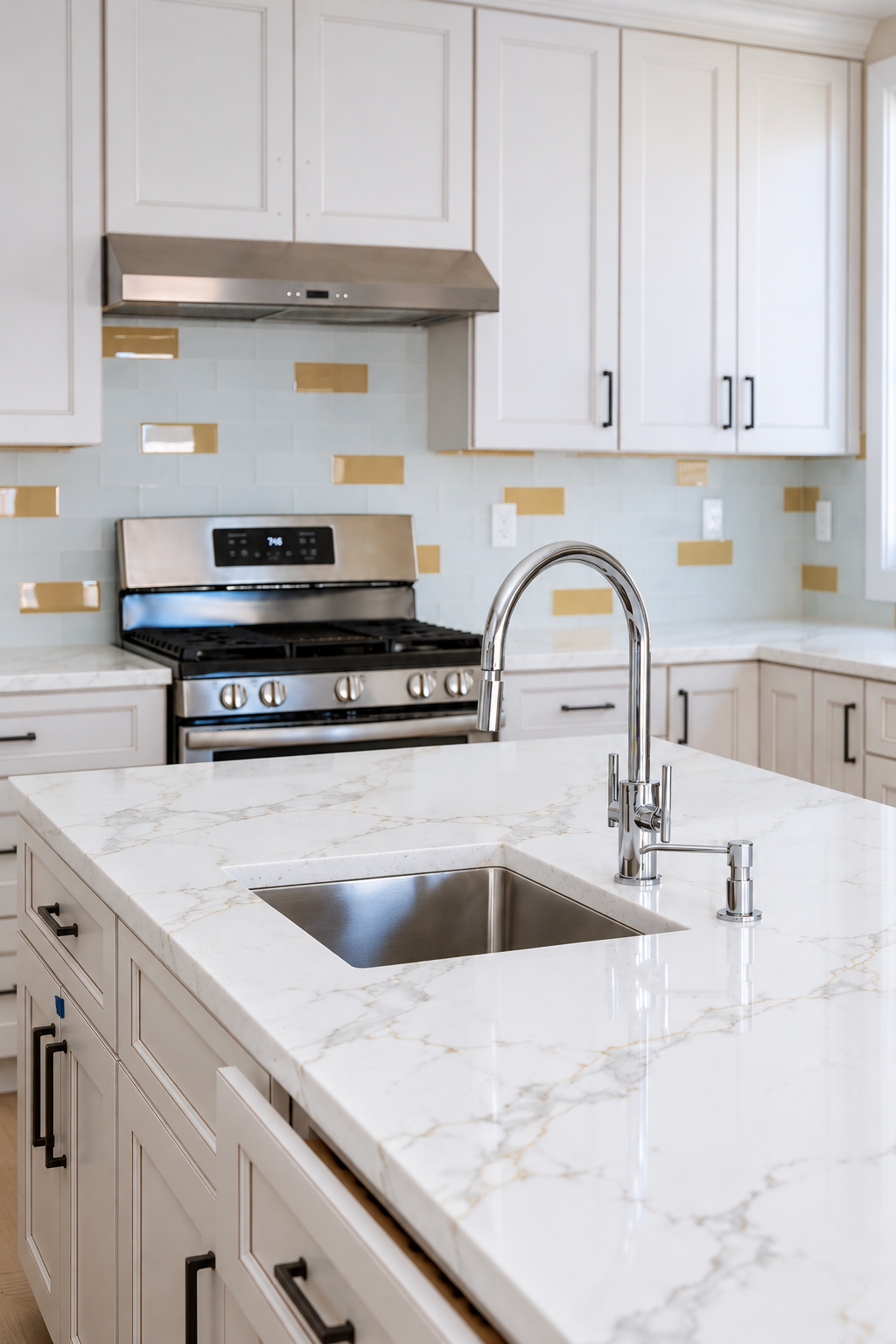 Calacatta Gold White Kitchen with Chrome Fixtures
