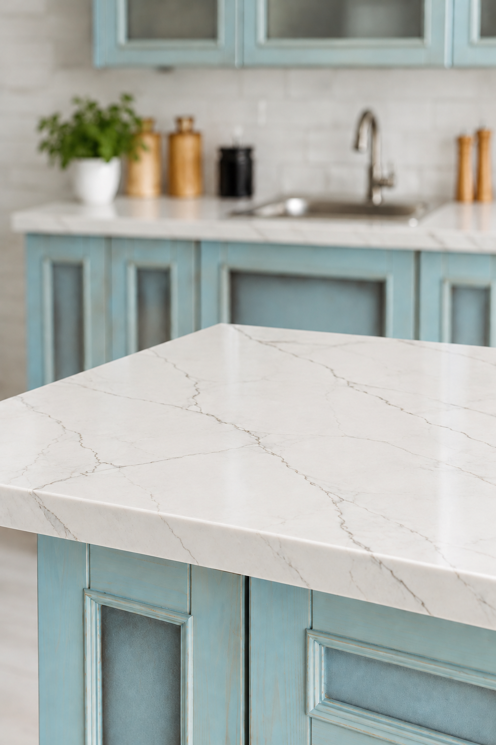 Elegant Calacatta Miraggio kitchen with blue wood cabinetry and white walls.