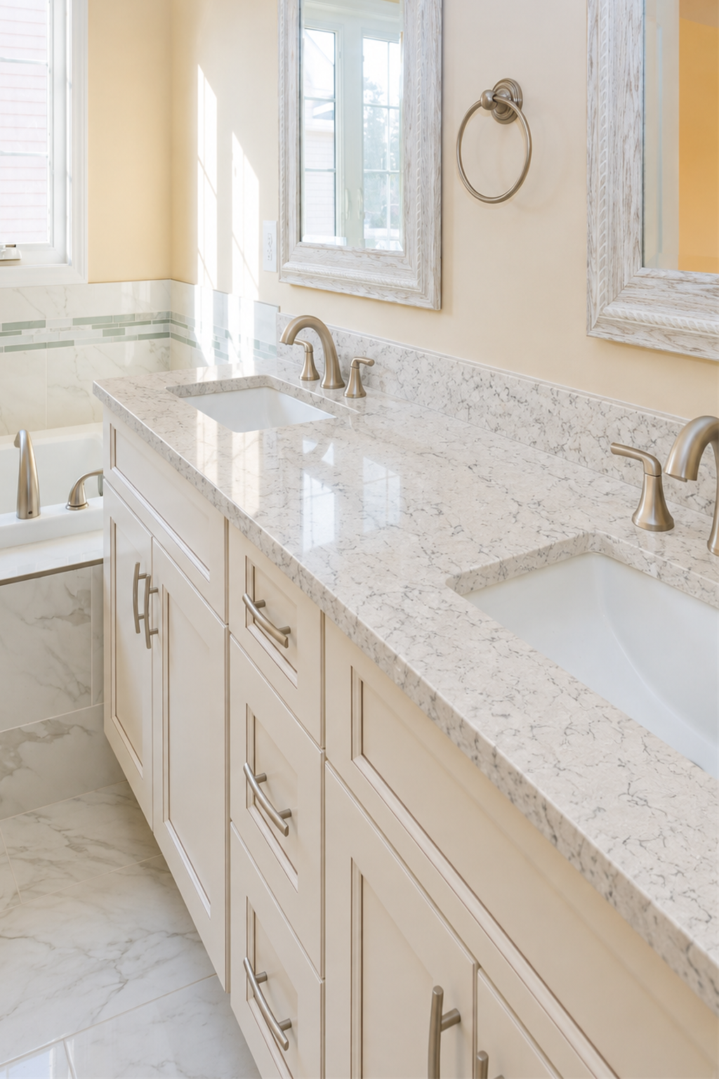 Carrara mist counter double vanity bathroom and sinks