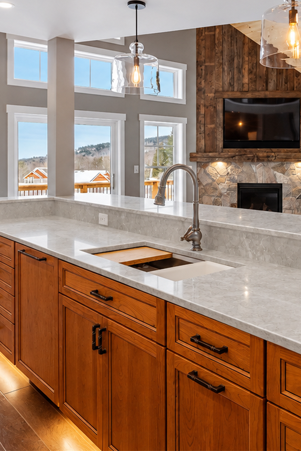 Desert Silver Quartz Countertops in Lodge Style Kitchen