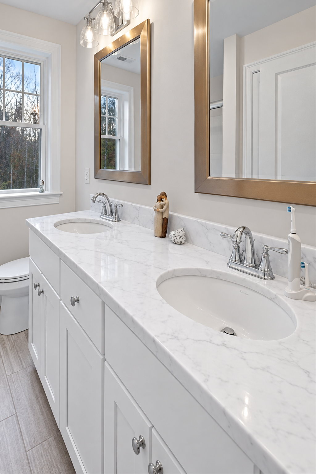 Elegant white bathroom decorated with eternal statuario countertop for double vanity sinks.