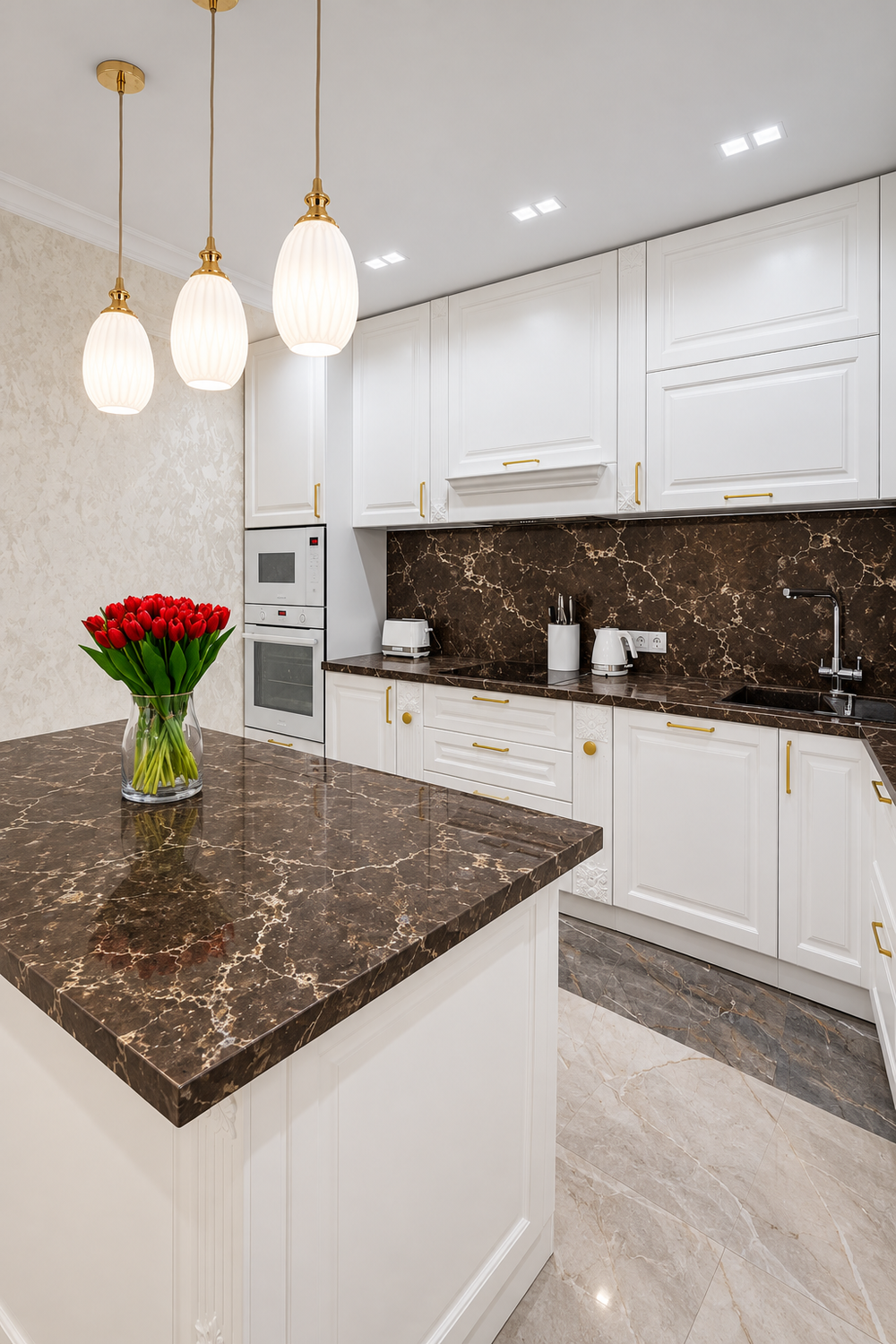 Emperador Quartz countertops over white cabinets in elegant kitchen
