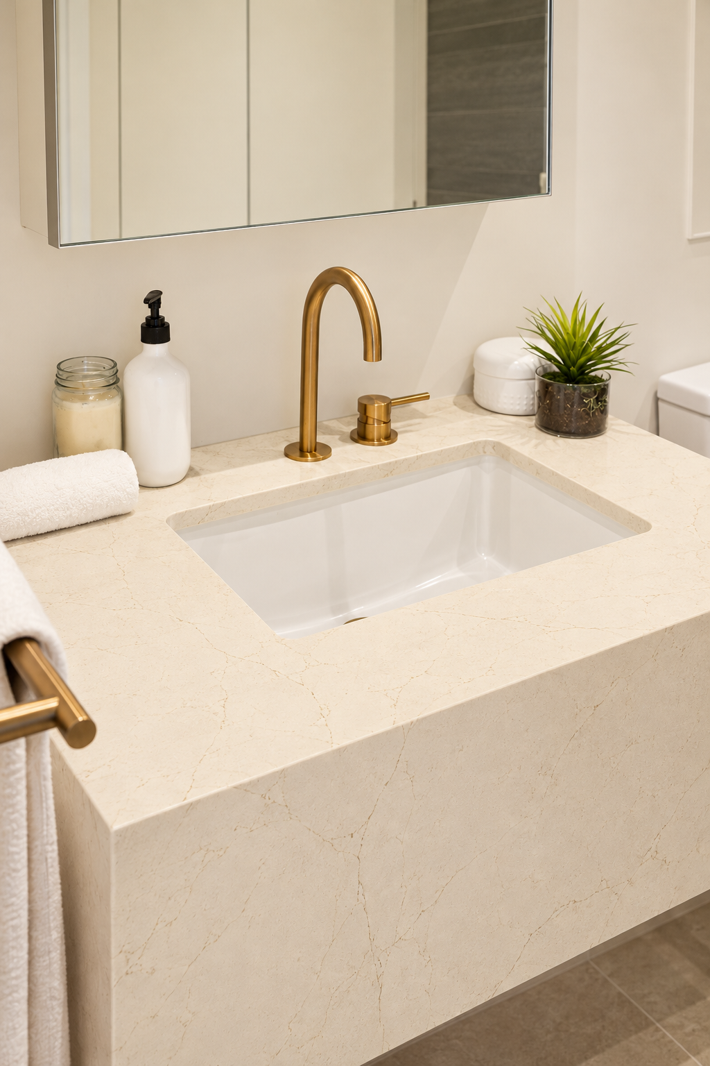 Luxurious Brass-Accented Eternal Marfil Vanity Bathroom