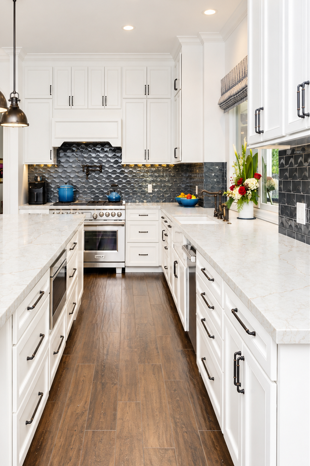 Luxury Kitchen with Calacatta Miraggio Cove Honed Counters and dark wood flooring