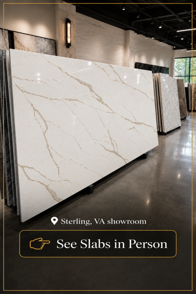 Full quartz slabs with gray and gold veining displayed on racks at the Sky Marble and Granite quartz showroom in Sterling, Virginia