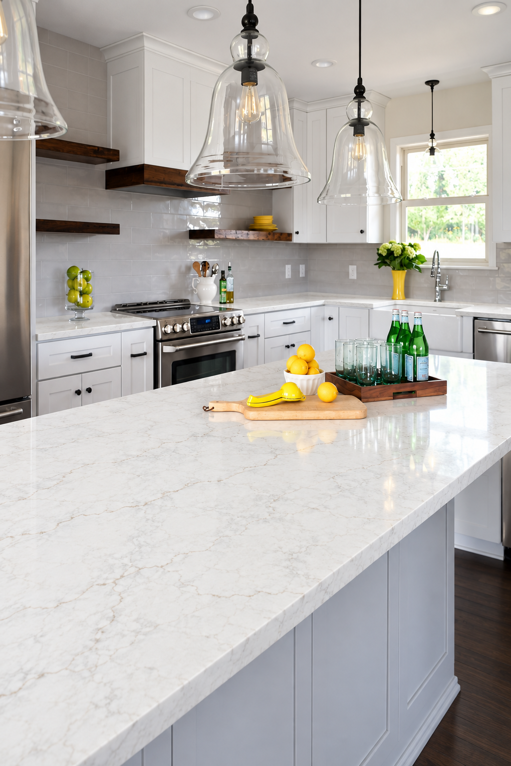 Sunlit calacatta miraggio lusso farmhouse kitchen with accessories